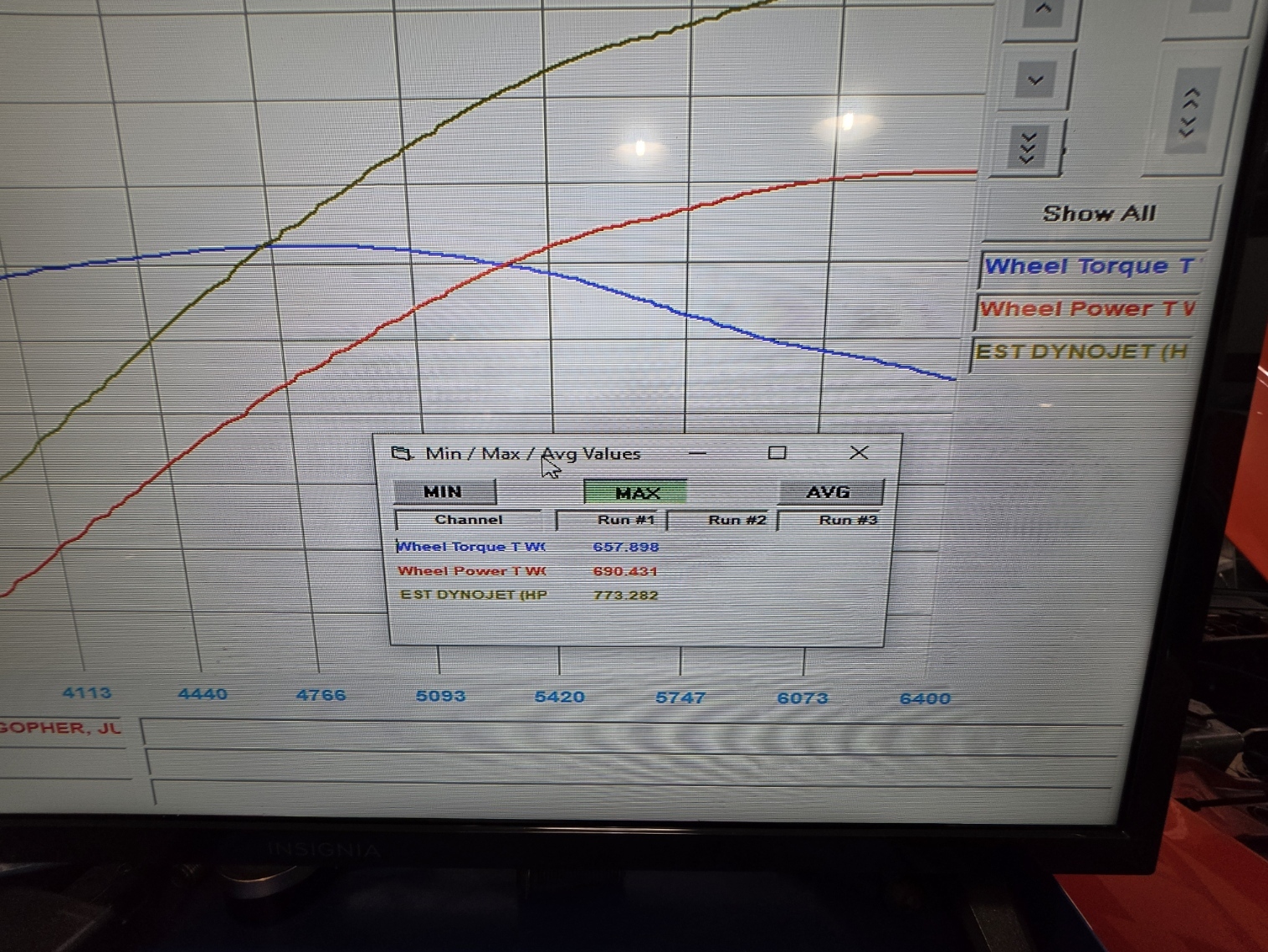 HP Tuners dyno results screen showing 773.28 estimated horsepower for the 2023 Dodge Durango Hellcat tuned by N2 Speed